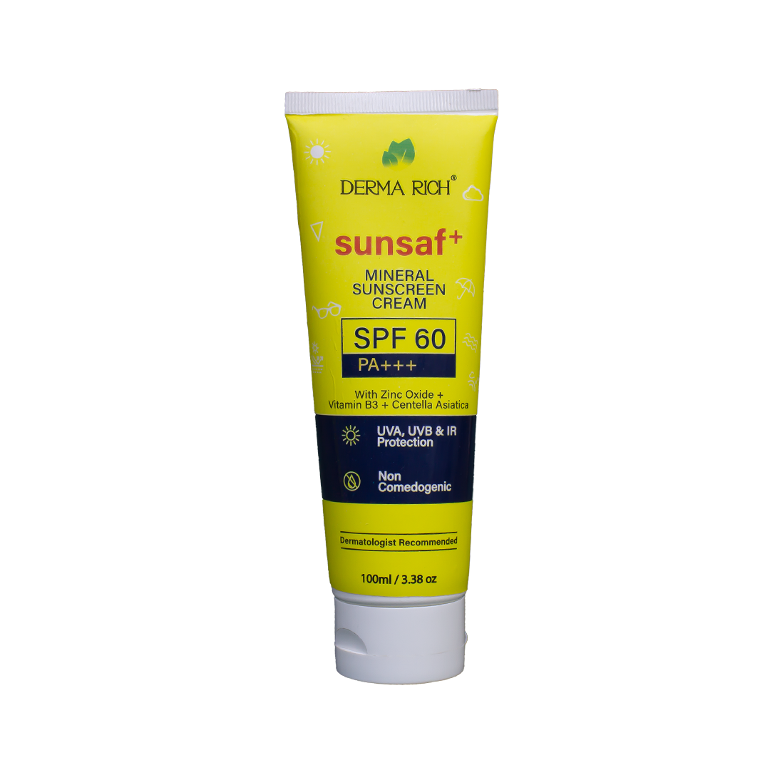 Derma Rich Sunsaf+ Mineral Sunscreen SPF 60 PA+++ | Zinc Oxide Sunblock with Niacinamide (Vitamin B3) & Centella Asiatica | UVA/UVB Protection – 100ml