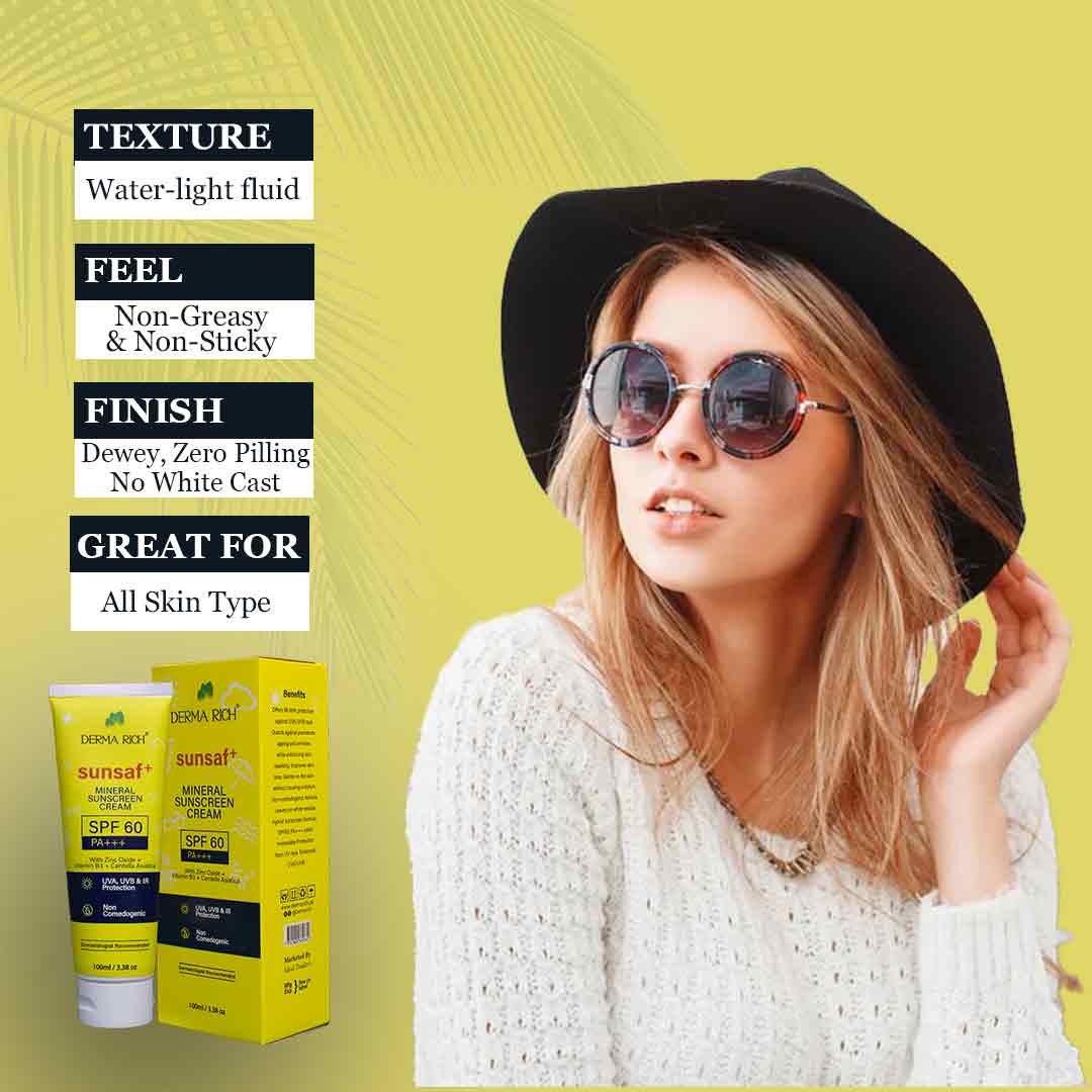 Derma Rich Sunsaf+ Mineral Sunscreen SPF 60 PA+++ | Zinc Oxide Sunblock with Niacinamide (Vitamin B3) & Centella Asiatica | UVA/UVB Protection – 100ml
