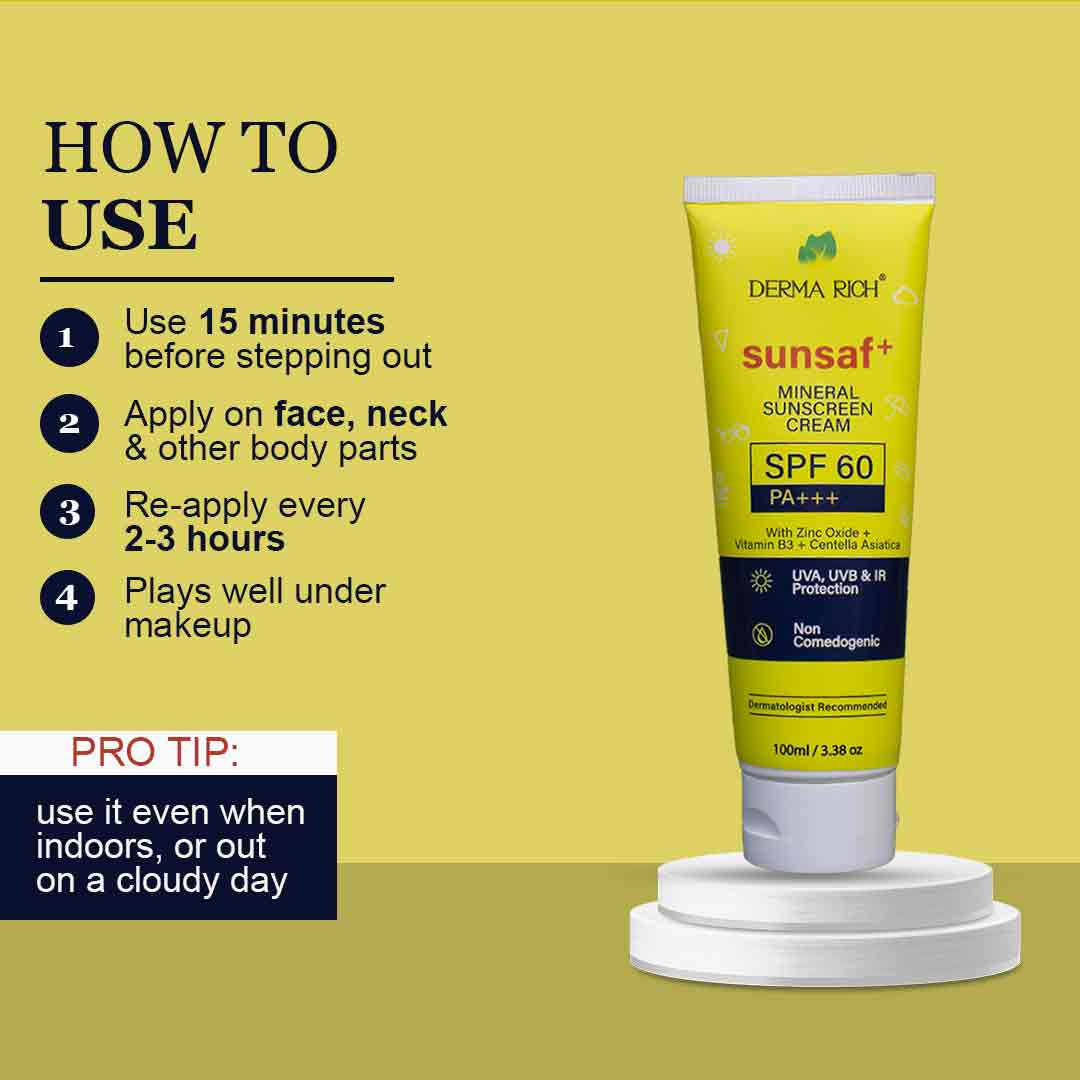 Derma Rich Sunsaf+ Mineral Sunscreen SPF 60 PA+++ | Zinc Oxide Sunblock with Niacinamide (Vitamin B3) & Centella Asiatica | UVA/UVB Protection – 100ml