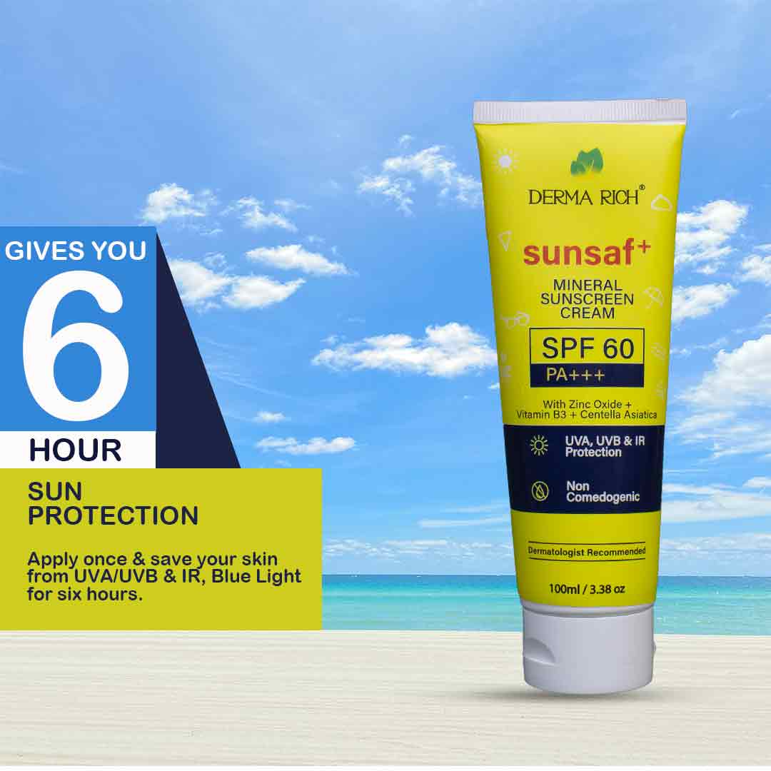 Derma Rich Sunsaf+ Mineral Sunscreen SPF 60 PA+++ | Zinc Oxide Sunblock with Niacinamide (Vitamin B3) & Centella Asiatica | UVA/UVB Protection – 100ml