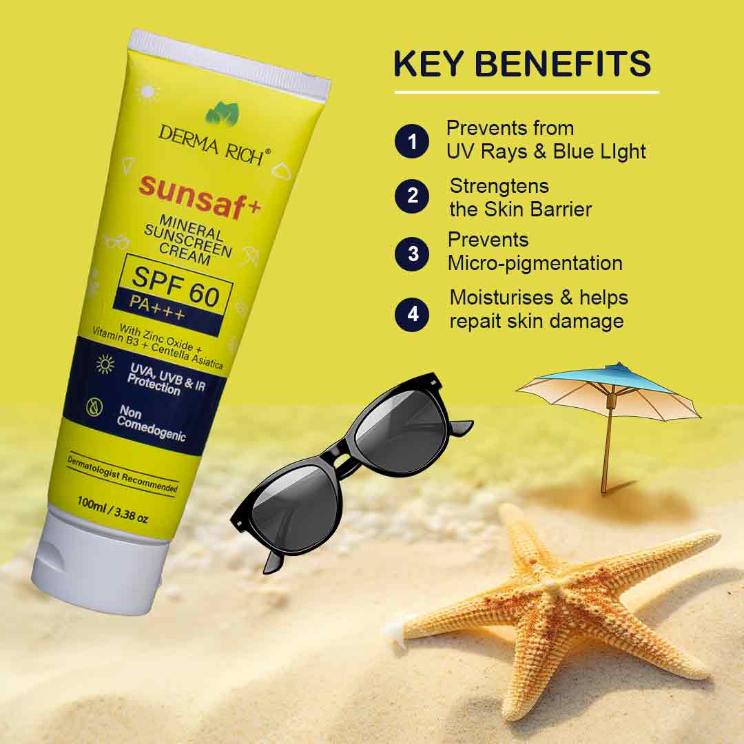 Derma Rich Sunsaf+ Mineral Sunscreen SPF 60 PA+++ | Zinc Oxide Sunblock with Niacinamide (Vitamin B3) & Centella Asiatica | UVA/UVB Protection – 100ml