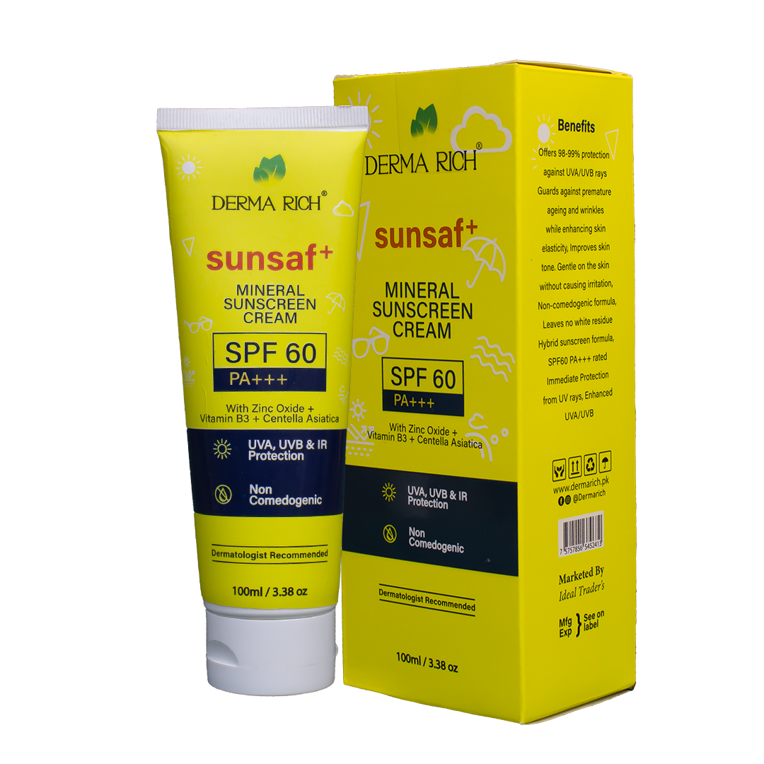 Derma Rich Sunsaf+ Mineral Sunscreen SPF 60 PA+++ | Zinc Oxide Sunblock with Niacinamide (Vitamin B3) & Centella Asiatica | UVA/UVB Protection – 100ml