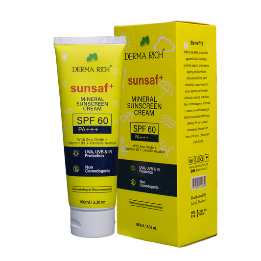 Derma Rich Sunsaf+ Mineral Sunscreen SPF 60 PA+++ | Zinc Oxide Sunblock with Niacinamide (Vitamin B3) & Centella Asiatica | UVA/UVB Protection – 100ml